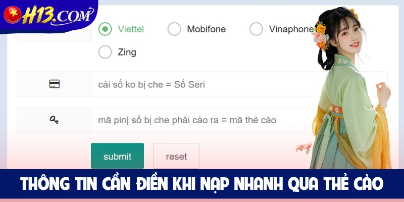 Thông tin cần điền khi nạp nhanh qua thẻ cào